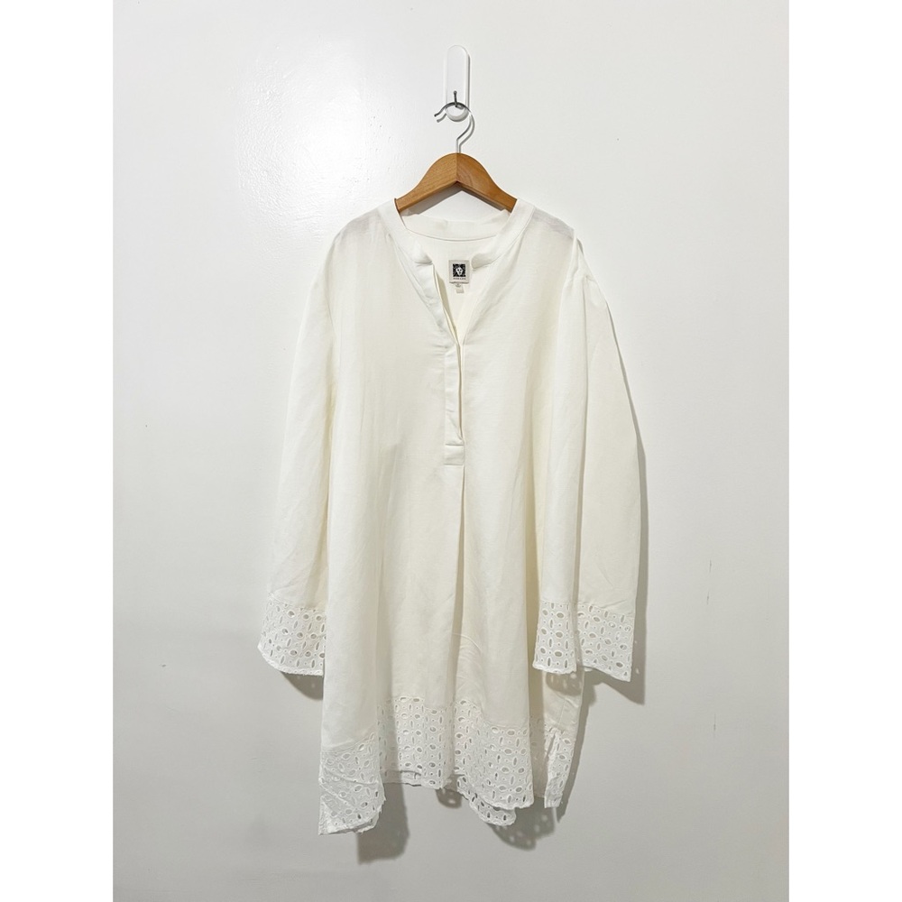 Anne Klein Linen White Eyelet Popover Tunic Blouse Size XL‎
